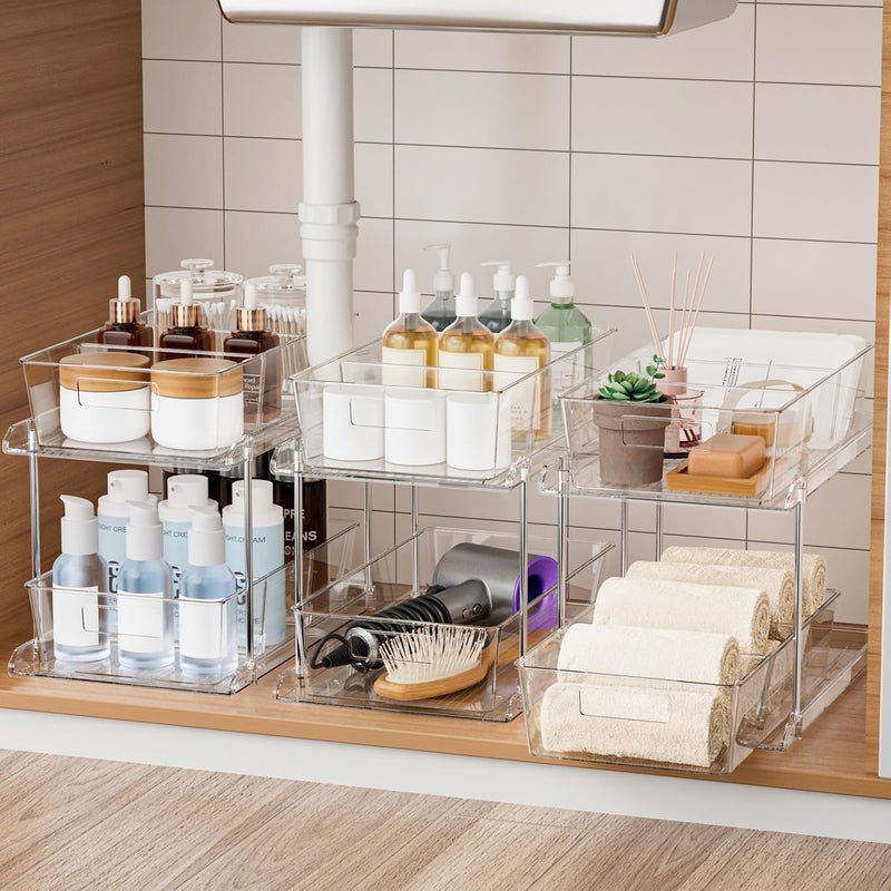 Fabspace 3-Pack Pull-Out Home Organizers, 2 Tier Clear Bathroom Organizer with Dividers, Multipurpose Vanity Counter Tray, Kitchen, Closet Organizers and Storage Container Bins for Cabinet, Pantry - Image 1